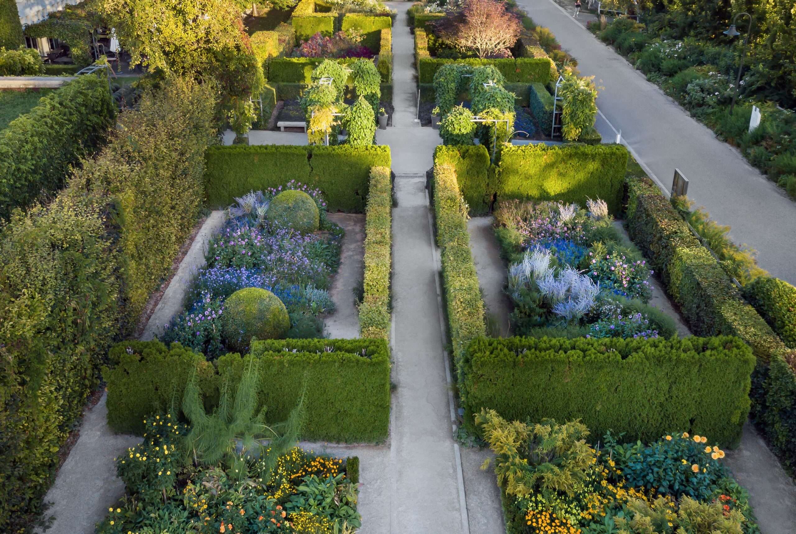 Vue aérienne d’un jardin à la française composé de carrés de végétation colorée, de haies taillées et d’allées symétriques, évoquant les paysages fleuris de l’impressionnisme à Giverny.