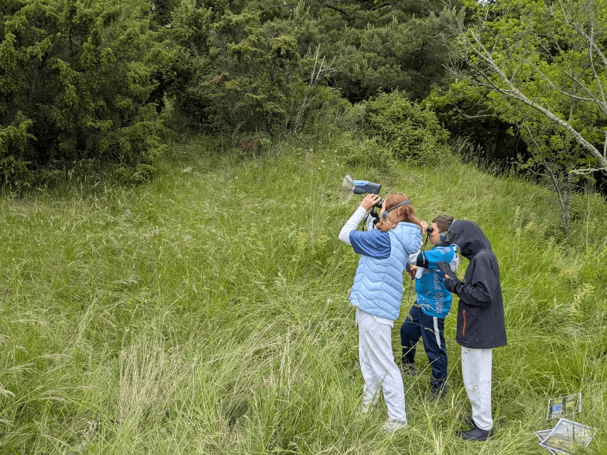 Trois collégiens sur un coteau herbeux en pleine nature. La première, une fille en pull bleu, porte des écouteurs et semble utiliser un appareil (microphone parabolique), le deuxième, un garçon, tient un talkie-walkie ou un autre équipement, et le troisième regarde le sol. Au sol, on voit des documents et des boîtiers d'observation. L'arrière-plan est constitué d'arbres et d'arbustes (possiblement des genévriers). L'image illustre une activité d'étude de la faune et de la flore par des élève